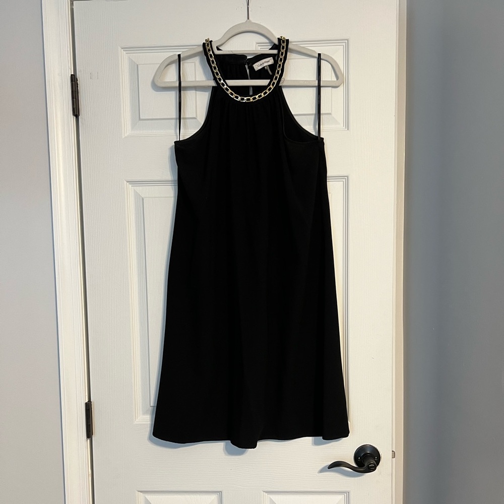 Calvin Klein Black Halter Dress with Gold Chain, Size 10